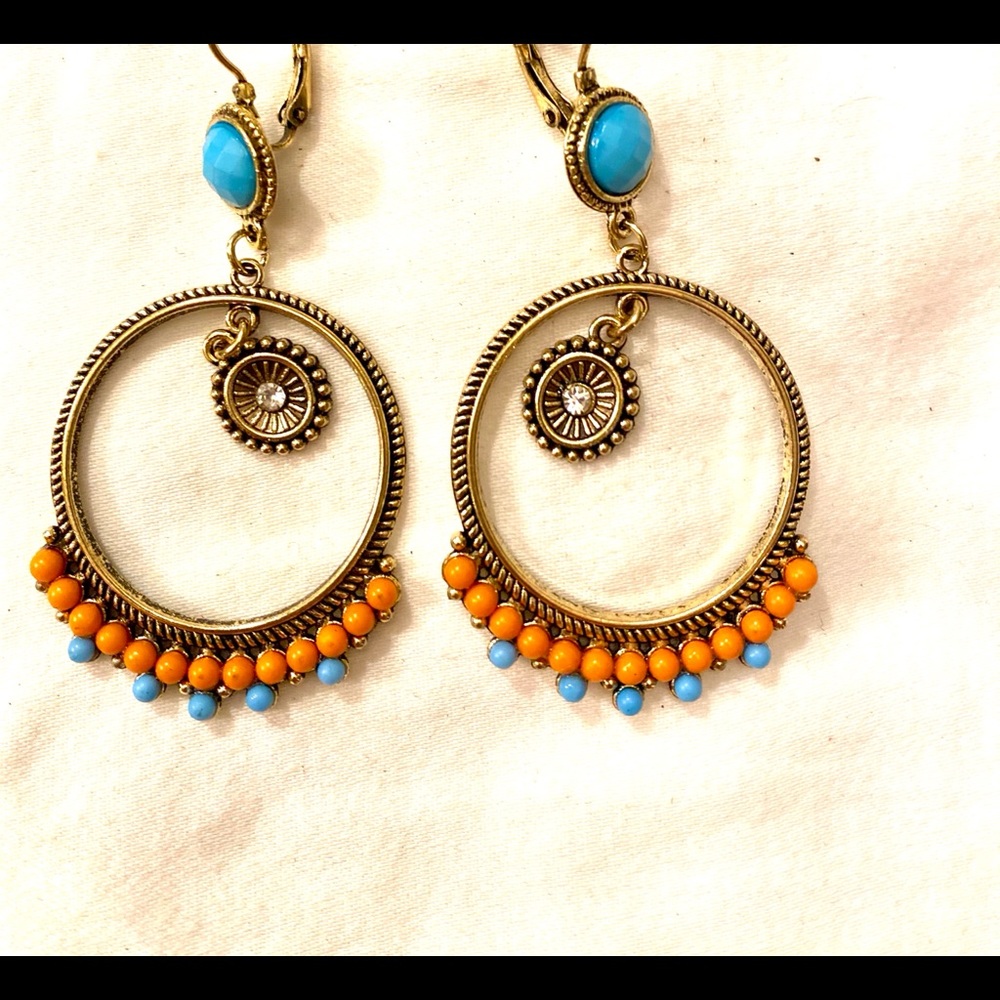 Turquoise, Orange and gold Boho Earrings